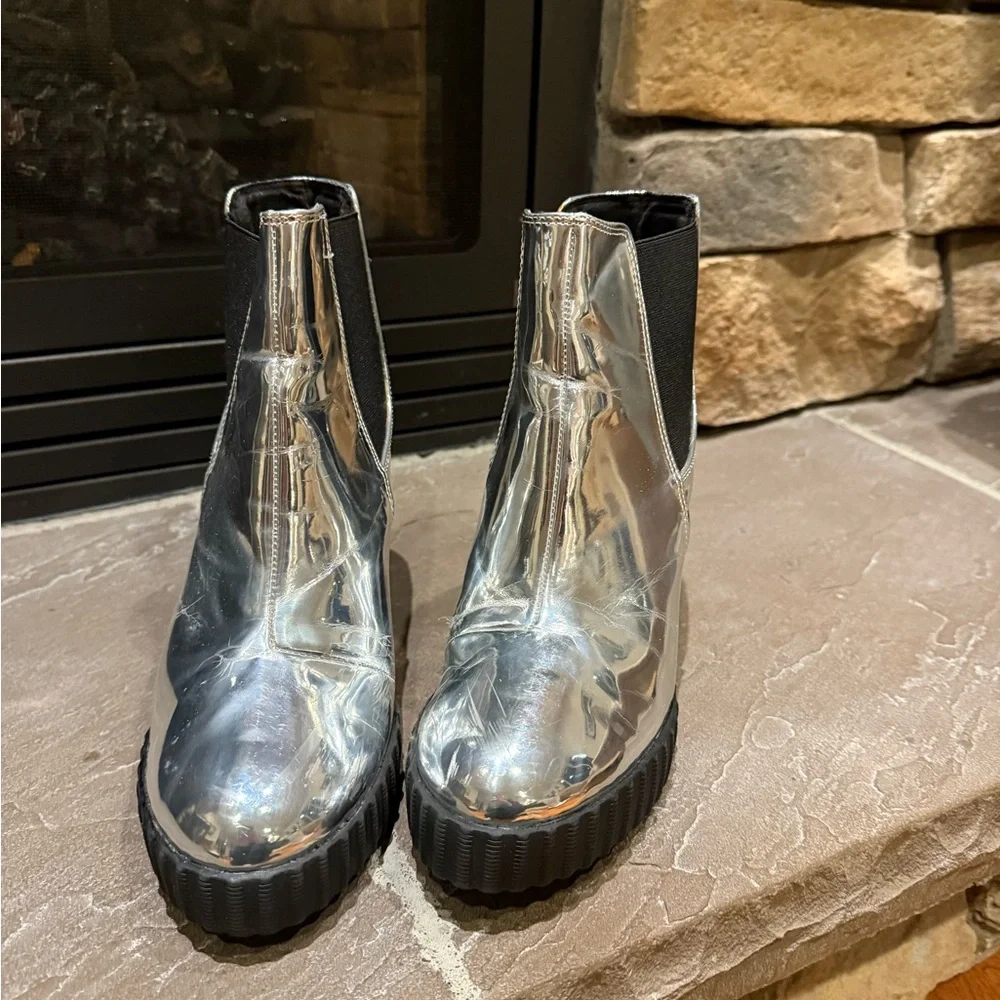 Silver Block Heel Ankle Boots - Picture 2 of 3